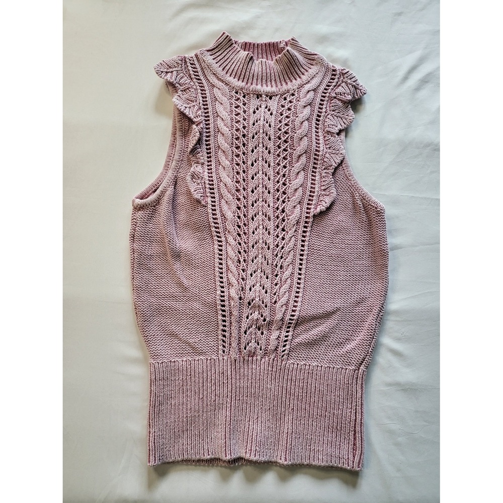 White House Black Market Pink Cable Knit Ruffle Mock Neck Sweater Vest Top M - Picture 3 of 7